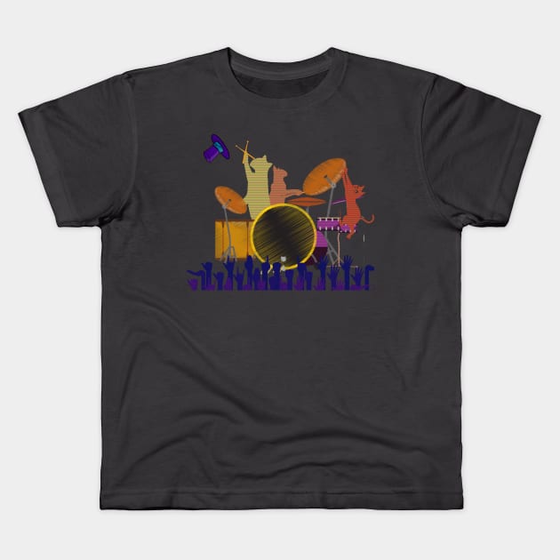 DRUMMER CATS PLAYING DRUMS TOGETHER Kids T-Shirt by DAZu